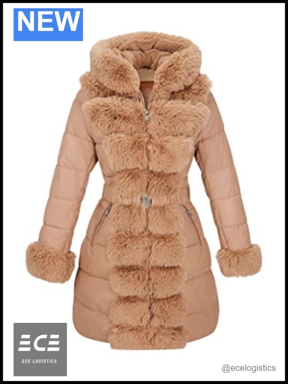Faux Leather Quilted Puffer Coat Hooded Fur Trim Winter Jacket